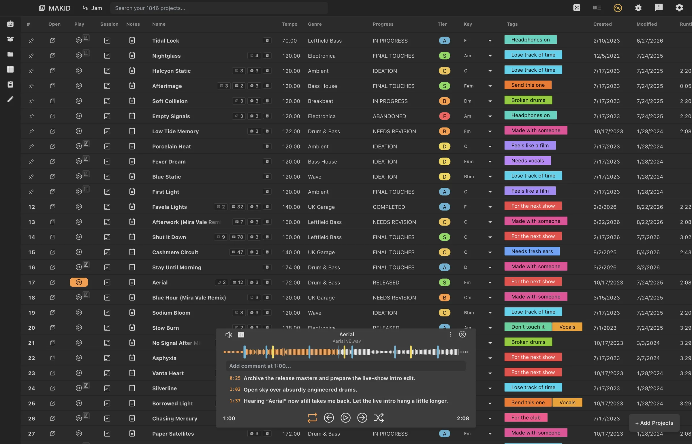 The MAKID library: every Ableton Live project with tempo, genre, progress, tier, key and tags, with a bounce playing and its timestamped comments