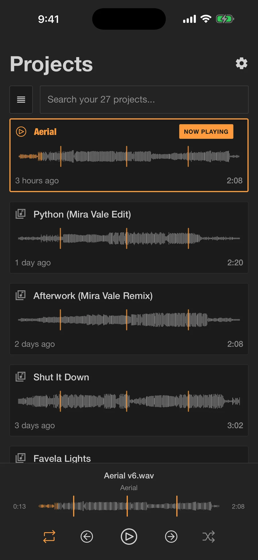MAKID on iPhone showing the latest bounces with waveforms and comment markers